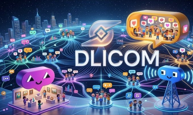 The image features a colorful cartoon scene with people interacting within a virtual world, surrounded by various objects such as buildings and other characters. The main focus of the image is a large blue bubble containing a group of people inside it. The caption for the image reads "The More I Explore @DlicomApp The More Bullish I Become l This Isn'T Just Another Web3 Project It'S Building A Community, Creating Opportunities & Rewarding Active Users. We're Still Early & That's The Exciting Part. Keep Learning. Keep Participating. Keep".