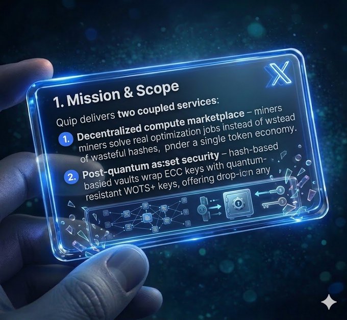 The image shows a person holding up a piece of paper with information about Quip's mission and scope, which includes details about two coupled services related to web3 and web2. The paper also mentions that Quip focuses on the development of decentralized networks for computing and cryptocurrency, as well as providing solutions for web3 and web2 users.