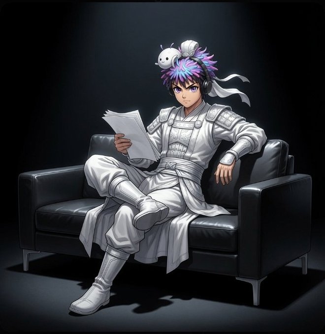 Anime-style illustration of a young man with purple hair and a small white creature on his head, wearing ornate white traditional robes and sitting on a black leather couch while reading a piece of paper.