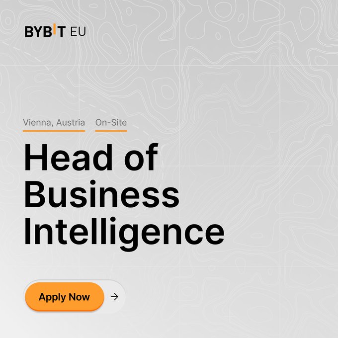 Bybit EU job posting for "Head of Business Intelligence" located in Vienna, Austria, on-site, featuring an "Apply Now" button. The image visually presents the role highlighted in the post, which seeks candidates with SQL, Python, and crypto/exchange experience to manage data architecture for compliance and scaling.