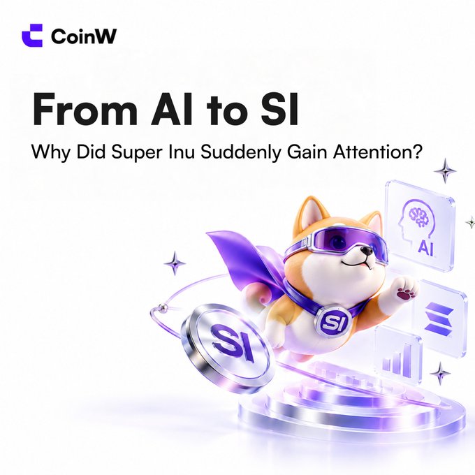 A CoinW promotional graphic titled 'From AI to SI: Why Did Super Inu Suddenly Gain Attention?' featuring a cartoon Shiba Inu dog wearing a purple cape and VR goggles with a token marked 'SI'.
