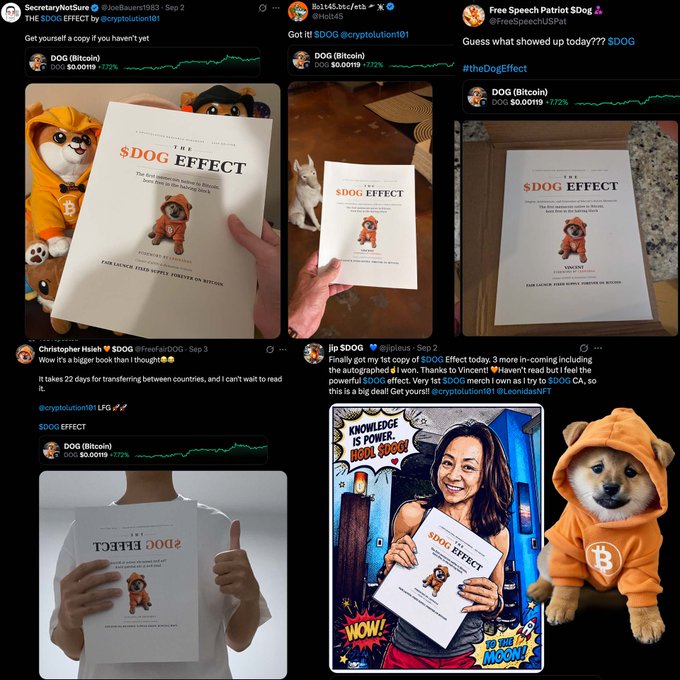 A collage of social media posts showing people with the book 'The $DOG Effect' alongside $DOG (Bitcoin) price charts showing $0.00119 with +272% gain.