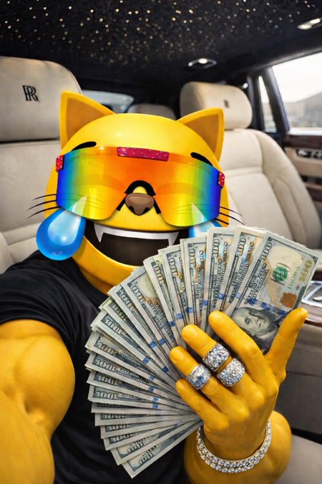 A yellow cat emoji character wearing oversized rainbow sunglasses and diamond rings sits in the back of a Rolls Royce, fanning out a thick stack of hundred dollar bills.