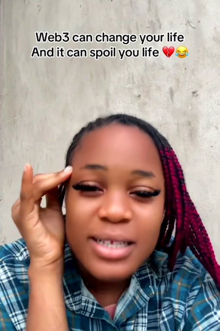 A TikTok-style video featuring a woman with magenta braids and dramatic makeup, overlaid with text reading 'Web3 can change your life / And it can spoil you life 💔😂'.