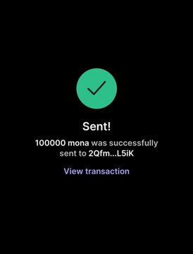The image shows a successful transaction confirmation for 100,000 $MONA sent to the wallet address 2Qfm...L5iK. This appears to support the accompanying post's claim of an airdrop giveaway, suggesting a verified payout was made to a recipient, though users should remain cautious as such "drop and RT" promotions are commonly used in crypto scams.