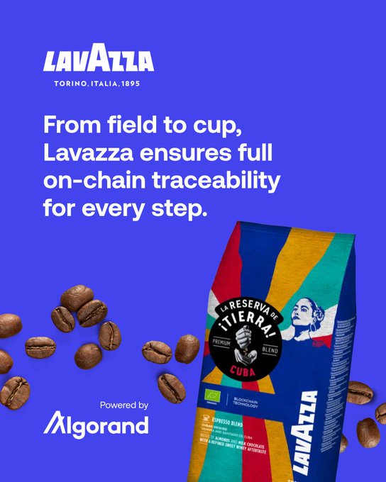 The image features a vibrant blue poster with a picture of coffee beans scattered around it. The poster has text that reads "From field to cup, La Reserva de ¡Tierra! Cuba premium coffee range. To date, thousands of tons of coffee have been recorded on the Algorand blockchain." This suggests that the poster is promoting a brand called La Reserva de ¡Tierra! Cuba, which is known for its high-quality coffee beans sourced from Cuba. The image also includes a picture of a bag of coffee beans and a logo for Algorand, indicating that the post might be related to a product or service offered by Algorand.