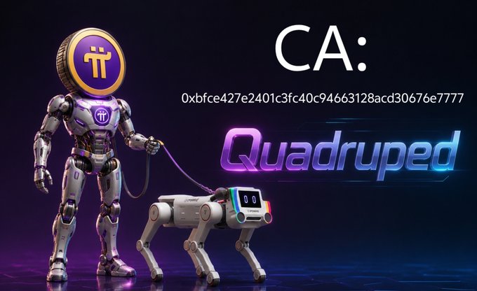 The image shows a humanoid robot with a Pi Network logo as its head standing next to a four-legged robot, with the text "Quadruped" displayed prominently alongside the contract address "CA: 0xbfce427e2401c3fc40c94663128acd30676e7777" — promoting the Pi coin's recent milestone of surpassing 2% adoption among Pioneers.