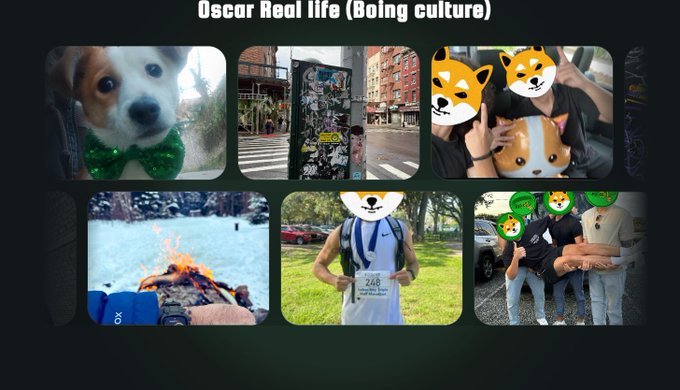 A presentation slide titled 'Oscar Real life (Boing cultura)' featuring six photos including a corgi with a green bow tie, urban street scenes, group photos with dog face filters, a campfire scene, and a runner wearing bib number 248.