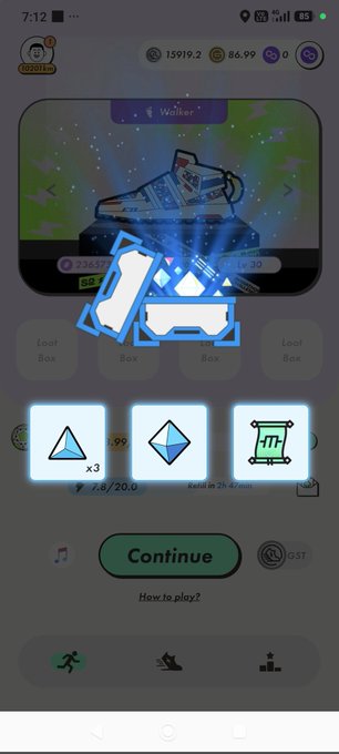 A screenshot from the STEPN app showing a sneaker NFT reward screen with "Walker" sneaker level 30, displaying loot boxes and three mystery reward items (a triangle x3, a diamond, and a shopping cart icon) above a green "Continue" button, with currency balances showing 15919.2, 86.99, and 0 at the top. The image relates to the post by showing a "Mystery Box" reward result from the STEPN move-to-earn game, celebrating obtaining their 7th item from Minsk.