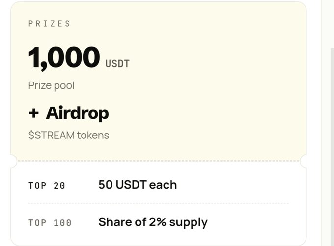 A promotional graphic displaying 'PRIZES' including a '1,000 USDT Prize pool' plus an 'Airdrop' of '$STREAM tokens', with 'TOP 20' getting '50 USDT each' and 'TOP 100' receiving a 'Share of 2% supply'.
