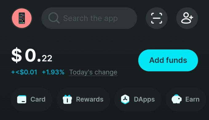 A screenshot of a financial app displays a balance of '$0.22' with a daily increase of '+$0.01 +1.93%', alongside buttons for 'Card', 'Rewards', 'DApps', and 'Earn'.