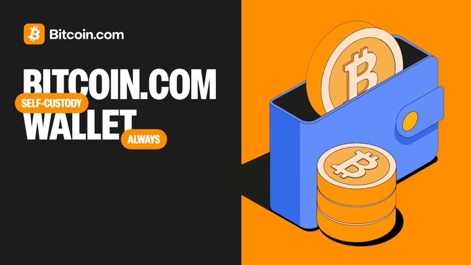 A Bitcoin.com promotional graphic for the 'BITCOIN.COM SELF-CUSTODY WALLET' with the tagline 'ALWAYS', featuring an illustration of a blue wallet containing and surrounded by gold Bitcoin coins on an orange background.
