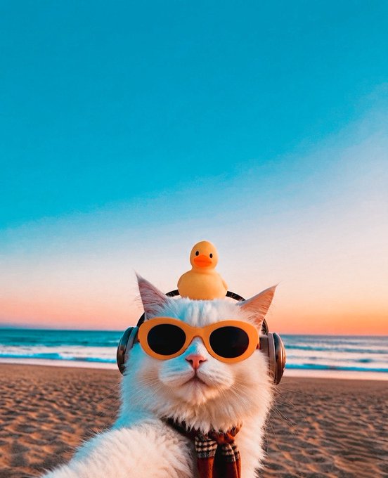 A fluffy white cat wearing orange sunglasses and headphones chills on the beach with a rubber duck perched on its head, embodying the lazy, surface-level "blind faith" the post warns against regarding TheARC TERMINAL's claim that "ARC Compute leverages NVIDIA Confidential Computing to process information within a hardened hardware." The image humorously illustrates the contrast between a carefree, hands-off attitude and the need to actually look under the hood of crypto projects.