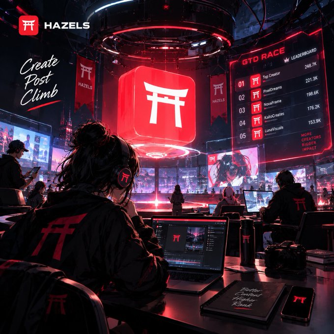 A futuristic, red-lit creator hub scene branded 'HAZELS' with a 'GTD RACE LEADERBOARD' displaying ranked creators like 'Top Creator' with 248.7K and 'PixelDreams' with 221.3K.