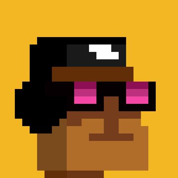 A pixel art character with dark skin, black hair, and pink rectangular sunglasses on a yellow background.