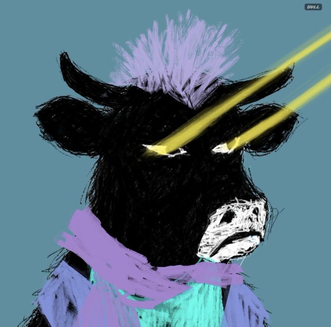 A digital illustration of a black cow with glowing yellow laser eyes, wearing a purple mohawk and scarf against a blue background, signed 'BULL'.