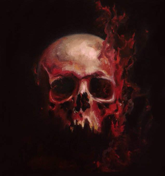 A dark, moody painting features a white skull with red, blood-like splatters and streaks emanating from its right side against a black background.