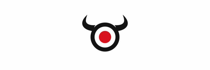 A simple banner featuring a stylized black bull-like eye with horns and a red pupil on a white background, displayed as the banner image for the Solana token $EYE on Moby.