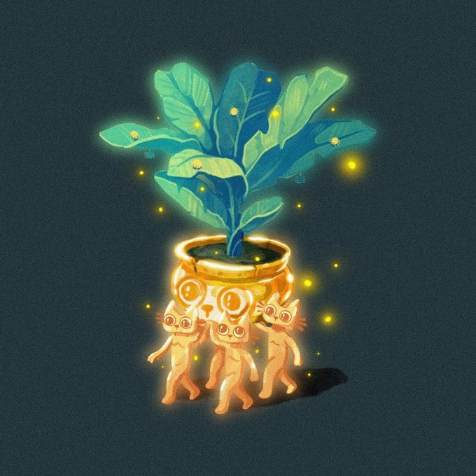 Three golden cat-like figures lift up a glowing pot containing a lush blue-green plant, surrounded by firefly-like lights. The illustration visually embodies the "many hands make light work" message—each glowing creature contributes to supporting the shared $cets community growth.