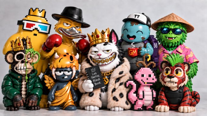 A collection of designer vinyl art toys including a crowned cat in fur coat holding 'Los Gatos Black Book', a skull-headed ape with crown, and various colorful character figures.
