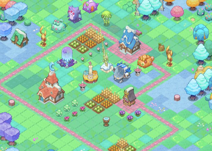 A charming isometric pixel-art village scene featuring small colorful cottages, farm plots with crops and flowers, a windmill, and whimsical creatures nestled among trees and pink-bordered plots. The image visually echoes the post's theme of beautifully tended plots, with crystals, blooms, and varied biomes hinting at the diverse lands (Forest, Arctic, Savannah) it describes.