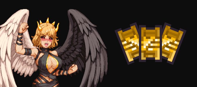 A pixel art angel character with white and black wings wearing a golden crown stands next to three glowing golden tiles, likely representing in-game items or currency tied to the Megapot jackpot giveaway and Livestream partnership with Cambria.