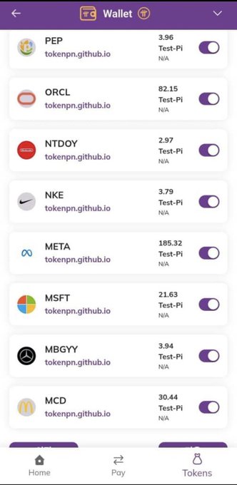 A mobile screenshot of a "Wallet" interface displaying a list of testnet tokens—including PEP, ORCL, NTDOY, NKE, META, MSFT, MBGYY, and MCD—all listed with values, "Test-PI" labels, and "tokenpn.github.io," illustrating the post's concern about Pi Network's wallet containing unauthorized trademarks and token names from well-known companies.