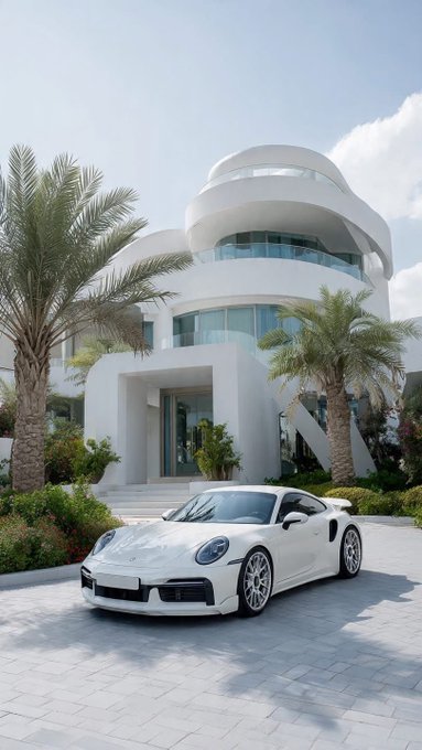 A white sports car, resembling a Porsche 911 Turbo, parked in front of a modern, curved white luxury mansion with palm trees.