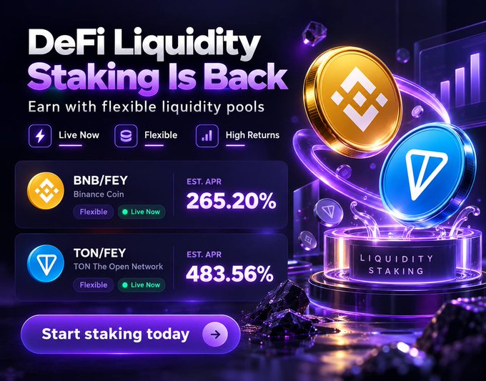 A neon purple-and-gold promotional graphic announces “DeFi Liquidity Staking Is Back” and “Earn with flexible liquidity pools,” highlighting BNB/FEY with an estimated APR of 265.20% and TON/FEY at 483.56%. It features Binance Coin and TON/FEY tokens, “Live Now,” “Flexible,” and “High Returns” badges, plus a “Start staking today” button.