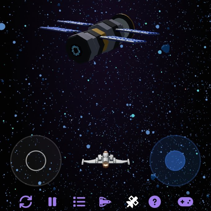 A screenshot of a 2D space video game showing a satellite and a small spacecraft on a starfield background, with a row of purple UI control icons at the bottom.