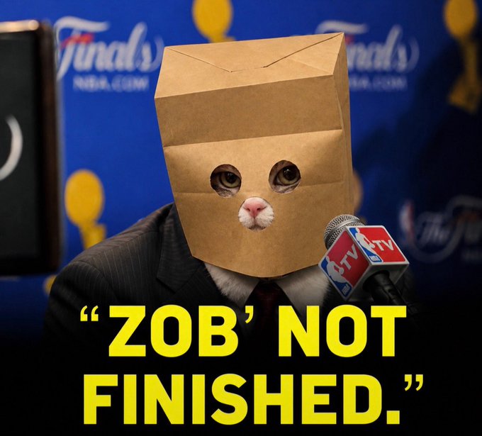 A humorous image of a cat with a paper bag over its head at a press conference with 'Finals NBA' microphones, overlaid with yellow text reading '"ZOB" NOT FINISHED.'