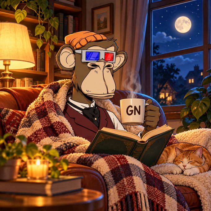 A cartoon illustration of a relaxed monkey wearing 3D glasses and a knit cap, sitting on a couch wrapped in a patchwork blanket, holding a 'GN' mug, reading a book, with a sleeping cat nearby.