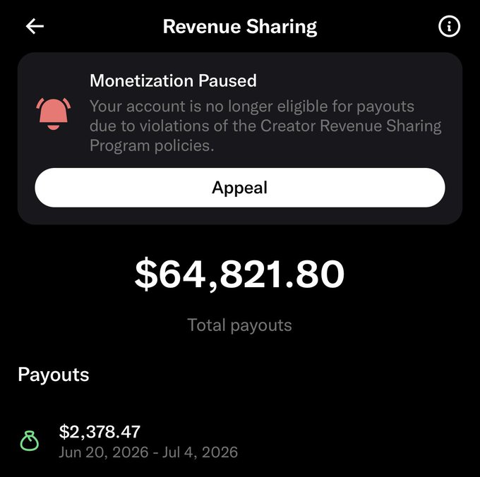 A mobile app screenshot showing a "Revenue Sharing" page with a "Monetization Paused" warning and "Appeal" button, displaying total payouts of $64,821.80 and a recent payout of $2,378.47 for the period Jun 20, 2026 – Jul 4, 2026.