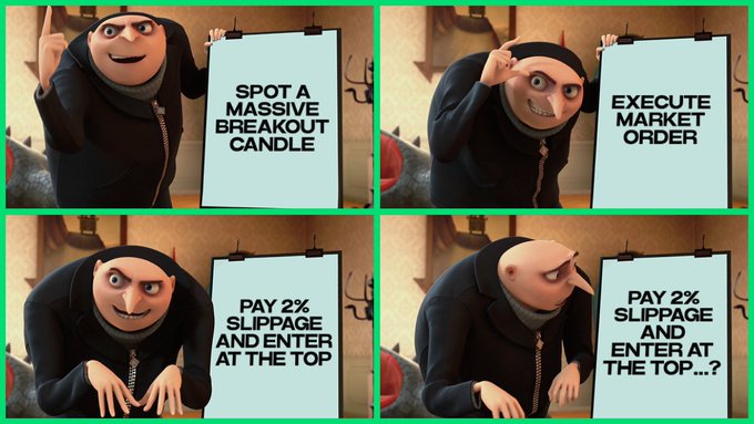 The image is a four-panel meme featuring Gru from *Despicable Me* presenting a plan that progressively falls apart, with each sign reading: "SPOT A MASSIVE BREAKOUT CANDLE," "EXECUTE MARKET ORDER," "PAY 2% SLIPPAGE AND ENTER AT THE TOP," and finally "PAY 2% SLIPPAGE AND ENTER AT THE TOP...?"—illustrating the frustrating experience of using market orders on low-liquidity exchanges where slippage causes you to enter at the worst possible price.