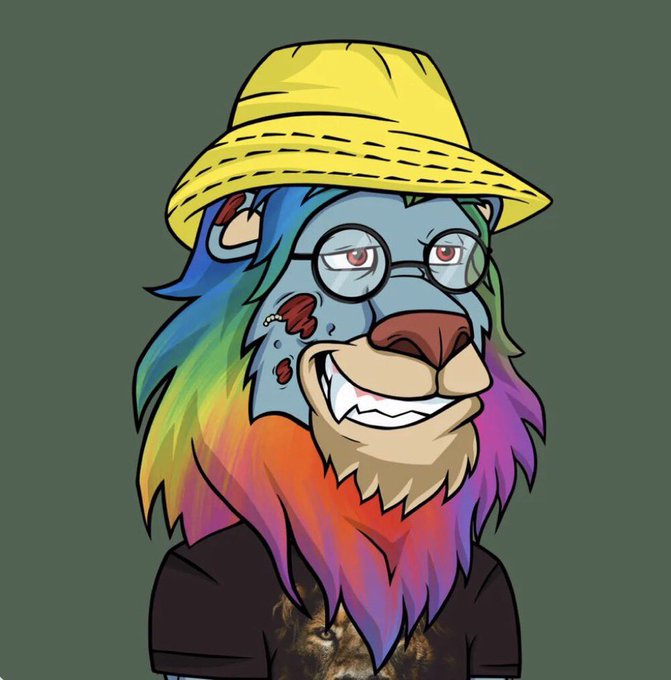 A cartoon illustration of a lion character wearing a yellow bucket hat and round glasses, with a rainbow-colored mane and blue face.