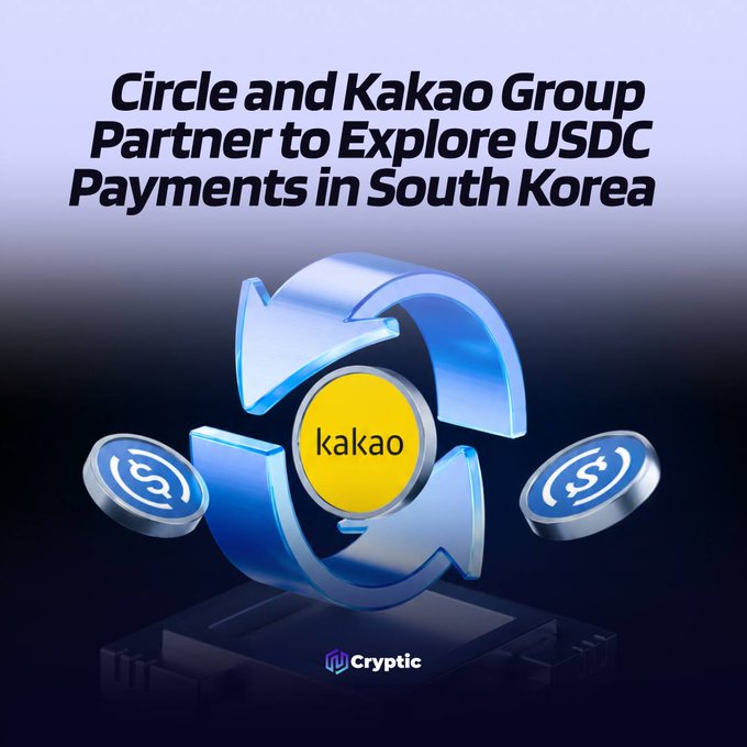 The image features a 3D graphic with blue circular arrows surrounding a yellow "kakao" token in the center, flanked by two USDC coins on either side. The headline reads "Circle and Kakao Group Partner to Explore USDC Payments in South Korea," with a "Cryptic" logo at the bottom. The visual directly represents the partnership announcement, symbolizing the exchange and integration between Kakao's platform and Circle's USDC stablecoin for exploring blockchain-based digital payments in South Korea.