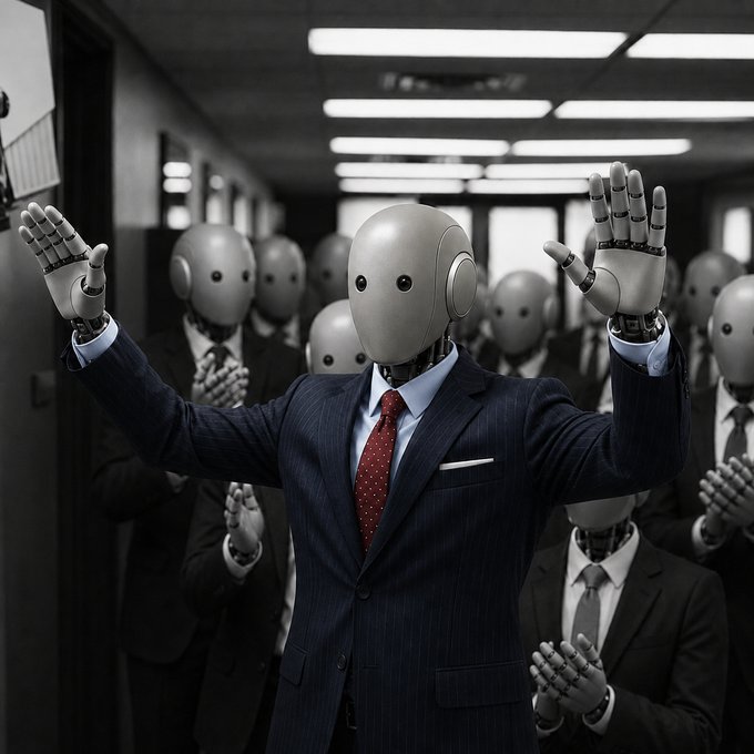 A humanoid robot in a business suit raises its arms triumphantly while a crowd of similarly dressed robots applauds behind it, symbolizing an AI agent swiftly executing a task. The image humorously illustrates the caption's joke about an AI assistant on OKX ready to handle any request with minimal direction.