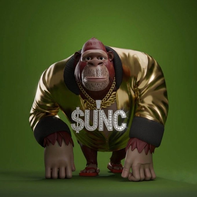 A 3D-rendered cartoon gorilla wearing a shiny gold jacket, a gold chain, and red slides, with a large diamond-encrusted '$UNC' pendant against a green background.