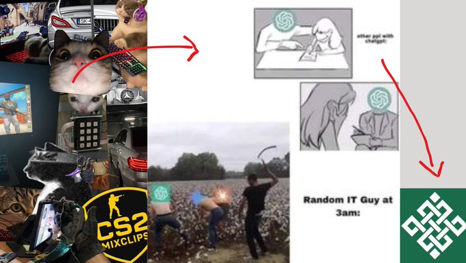 A chaotic collage meme with 'CS2 MIXCLIPS' branding, featuring cat images, game screenshots, scribbled drawings, and 'Random IT Guy at 3am:' text with red arrows.