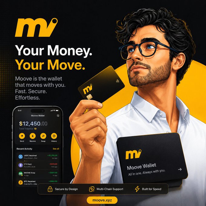 The image features an illustration of a man holding two Moove Wallet cards, one for his money and another for his move. The background of the image is black with yellow text that reads "Your Money. Your Move." Below this, there are descriptions of the Moove Wallet app in white text.