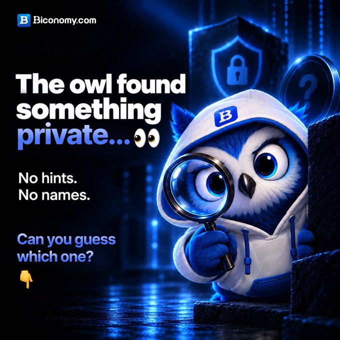 A Biconomy.com promotional image features a cartoon blue owl mascot in a white hoodie holding a magnifying glass, with text reading "The owl found something private... No hints. No names. Can you guess which one?" against a blue tech-themed background.