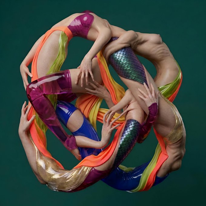 A surreal 3D digital artwork featuring intertwined figures with human skin and fish-like scales, dressed in vibrant glossy purple, blue, and gold outfits, entangled in a dynamic, knotted composition.