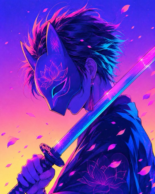 A figure wearing an ornate fox mask with a lotus design wields a glowing katana against a vibrant pink and purple backdrop with falling petals, embodying the dynamic energy and mystical chaos referenced in the post's hashtags about NFT, crypto, and generative art.