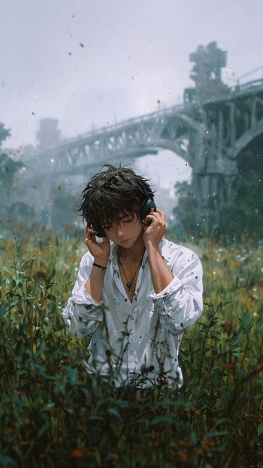 A digital illustration of a young person with dark hair wearing headphones and a white shirt, standing in a misty field of flowers with an industrial bridge structure in the background.