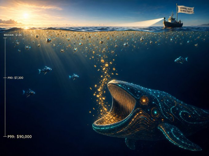 This striking image depicts a giant, bioluminescent whale consuming tokens, symbolizing significant token consumption, with labels indicating MEDIAN: $136, P90: $7,300, and P99: $90,000, all observed by a boat with a "Demand Cliff Search Party" banner. The image visually represents the idea of massive token expenditure or "tokenmaxxing" discussed in the accompanying text.