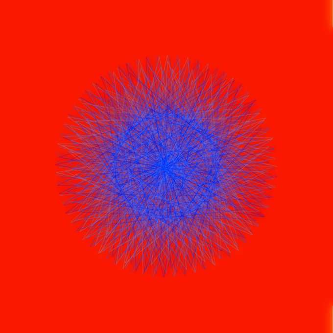 A symmetrical blue geometric pattern, resembling a complex mandala or starburst, is centered on a solid red background.