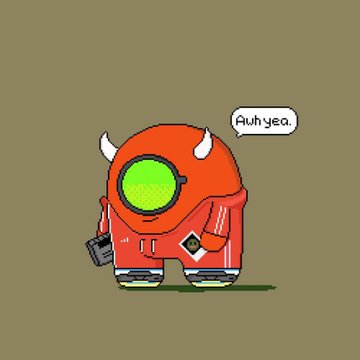 Cartoon illustration of a red devil-like character with horns, a green circular face, and a briefcase, saying 'Auh yea.'