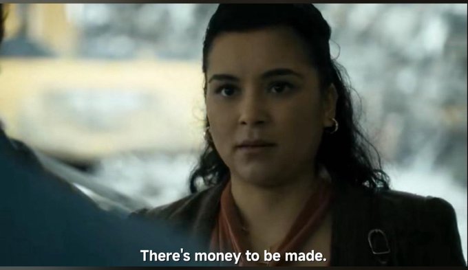 A woman with dark curly hair looks seriously at someone off-camera, with the subtitle "There's money to be made." The image relates to the web3 money-making theme by suggesting a serious, perhaps opportunistic conversation about financial gain—mirroring the post's question about making money in web3.