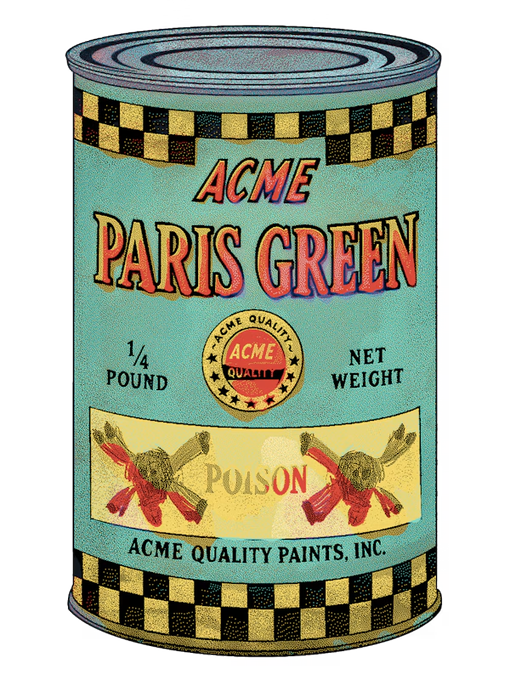 A digital collectible titled "Paris Green" displayed as a vintage-style ACME brand poison can weighing 1/4 pound, featuring a teal label with checkered borders, skull and crossbones warning graphics, and the text "POISON" prominently in the center, marketed as part of a limited NFT series with only 27/123 remaining.