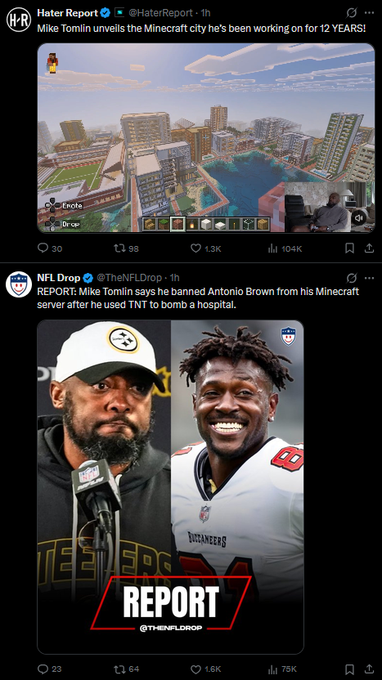 Two tweets: Hater Report sharing Mike Tomlin's 12-year Minecraft city project, and NFL Drop reporting Antonio Brown was banned from the server for using TNT to bomb a hospital.